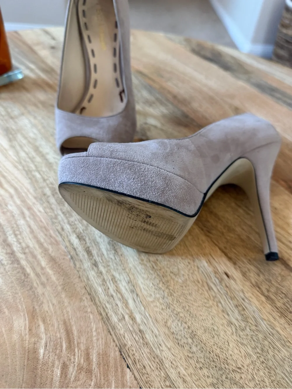 Enzo Angiolini Taupe Suede Peep-Toe Platform Pumps